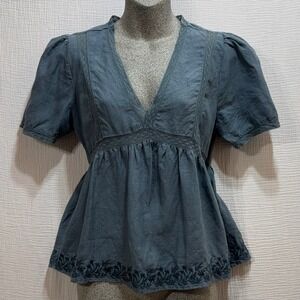 Indi & Cold Blue Embroidered Babydoll Top Short Sleeve V Neck Women's Size Small